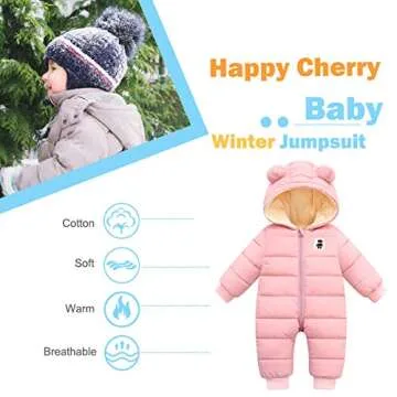 Happy Cherry Hooded Puffer Jacket for Baby Girls Boys Warm Jumpsuit Winter Snowsuit Long Sleeve Down Coat Padded Romper 18-24 Months Pink