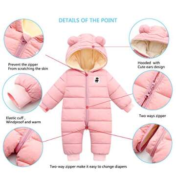 Happy Cherry Hooded Puffer Jacket for Baby Girls Boys Warm Jumpsuit Winter Snowsuit Long Sleeve Down Coat Padded Romper 18-24 Months Pink