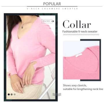 libiiia Women's 100% Cashmere V-Neck Sweater, Regular Fit, Premium Knit Jumper for Autumn and Winter (Pink,Medium)