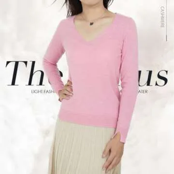 libiiia Women's 100% Cashmere V-Neck Sweater, Regular Fit, Premium Knit Jumper for Autumn and Winter (Pink,Medium)