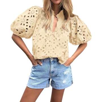 BTFBM Womens Casual Summer Blouse Hollow Out Eyelet Embroidery Tops V Neck Buttons Puff Short Sleeve...