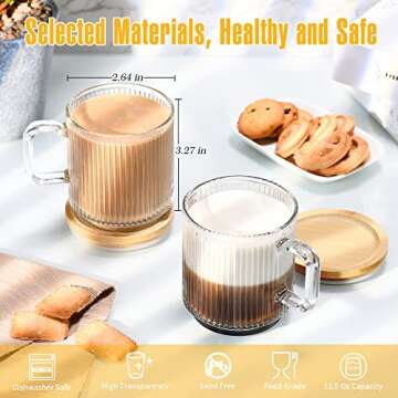 BJMEDYM Glass Coffee Mug With Lid, Ribbed Glass Mugs Set of 6, Clear Coffee Mug, 11.5 Oz Ripple Mug With Lid, Tea Mug With Lid, Vintage Mug, Tea Cup With Handle, Asthetic Mug