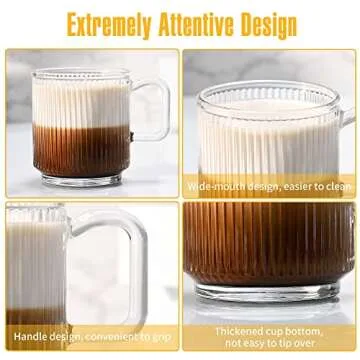 BJMEDYM Glass Coffee Mug With Lid, Ribbed Glass Mugs Set of 6, Clear Coffee Mug, 11.5 Oz Ripple Mug With Lid, Tea Mug With Lid, Vintage Mug, Tea Cup With Handle, Asthetic Mug