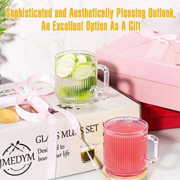 BJMEDYM Glass Coffee Mug With Lid, Ribbed Glass Mugs Set of 6, Clear Coffee Mug, 11.5 Oz Ripple Mug With Lid, Tea Mug With Lid, Vintage Mug, Tea Cup With Handle, Asthetic Mug