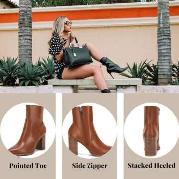 LAICIGO Women's Pointed Toe Ankle Boots with Chunky Heel