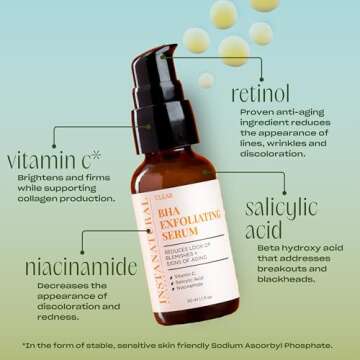 InstaNatural BHA Exfoliating Face Serum, Minimizes Lines, Wrinkles, and Blemishes, with Vitamin C and Salicylic Acid, 1 Fl Oz