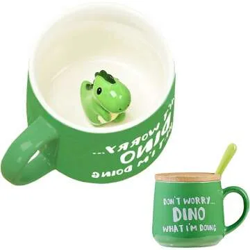 3D Cartoon Dinosaur Coffee Mug with Lid & Spoon