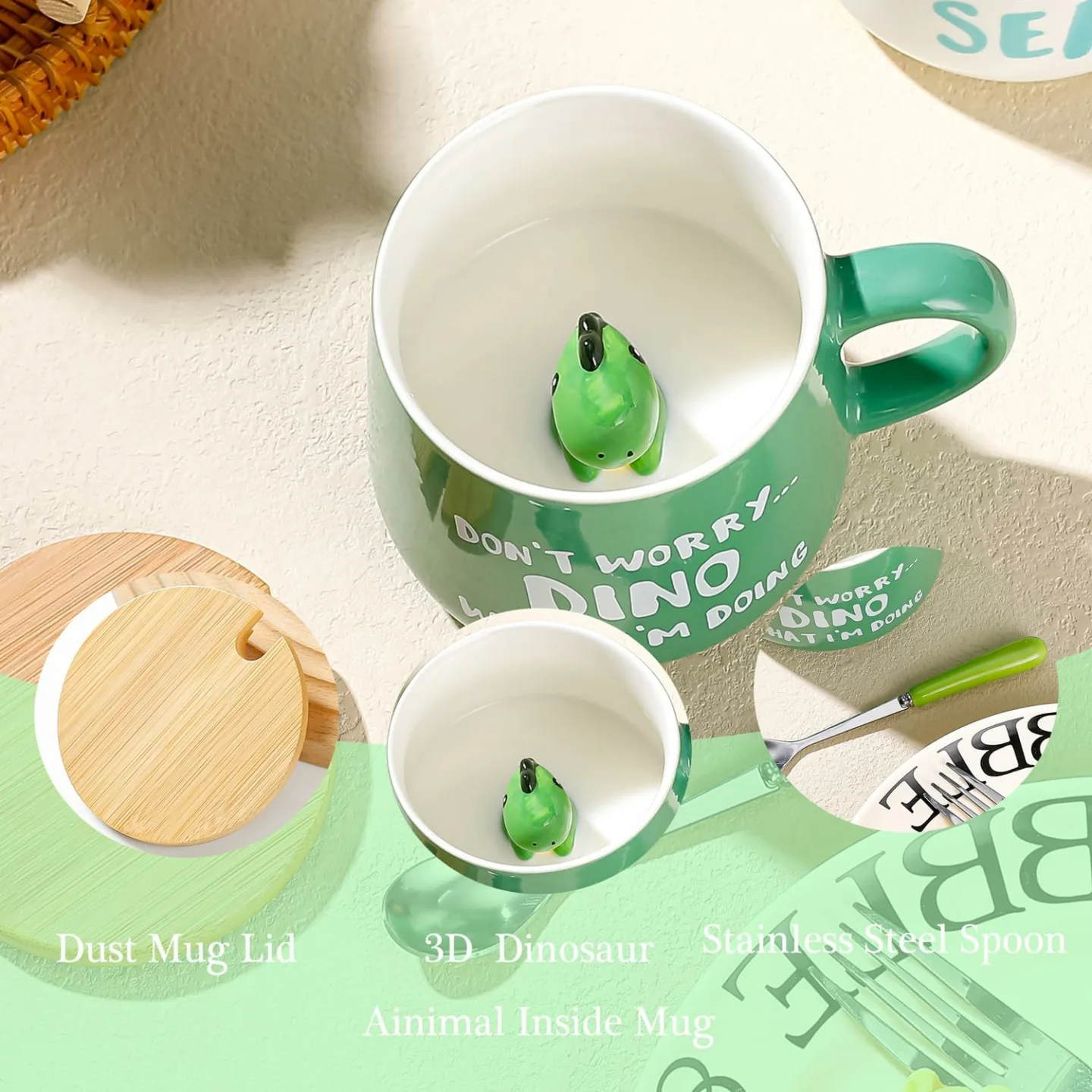3D Cartoon Dinosaur Coffee Mug with Lid & Spoon