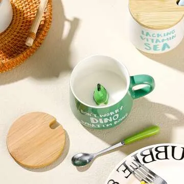 3D Cartoon Dinosaur Coffee Mug with Lid & Spoon