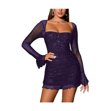 URYIAO Women's Sheer Long Sleeve Sequin Bodycon Mini Dress - Chic Sparkly Design