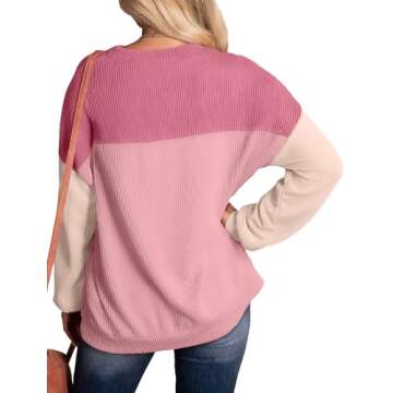 WIHOLL Pink Long Sleeve Shirts For Women Color Block Knit Ribbed Fall Tunic Tops For Women Casual Trendy S