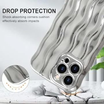 Anuck for iPhone 13 Pro Max Case Wavy Edge Water Ripple Pattern Design, Cute Wave Curly Frame Shape Soft Flexible TPU Shockproof Full-Body Protective Phone Case Cover for Women Girls, Shiny Silver