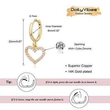 Gold Mini Dangle Huggie Earrings for Women, Dainty 14K Gold Plated Cubic Zirconia Small Hoop Earring...