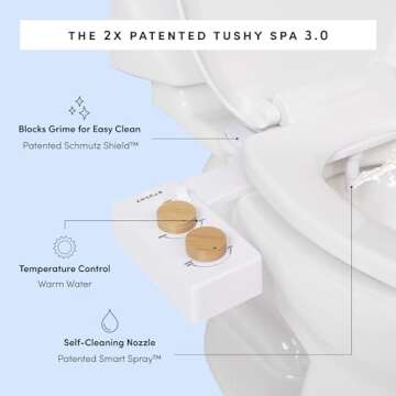 TUSHY 3.0 Warm Water Spa Bidet Attachment | Self Cleaning Fresh Water Sprayer +Adjustable Pressure Nozzle, Angle Control, (Adjustable Cool to Warm Water Temperature Option), (Spa 3.0 2-Pack Bamboo)