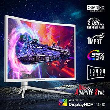Sceptre 27" Curved Nebula White QHD 2K Monitor 2560 x 1440p up to 165Hz 1ms HDR1000 99% sRGB Ambient Light Sensor Luminous Backcover Lights Height Adjustable Build-in Speakers (C275B-QWN168W)