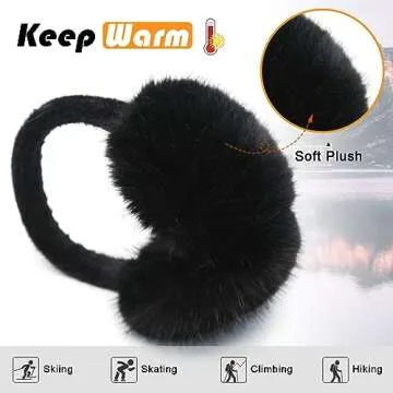 RUIKUNA Women Winter Ear Muffs Fluffy Faux Fur Earmuffs Foldable Ear Warmer Girls Soft Ear Covers (A-black)