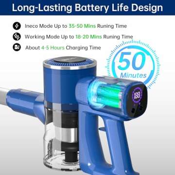 Cordless Vacuum Cleaner, 450W 45KPA 50 Mins Runtime Vacuum Cleaners for Home, Stick Vacuum with Self-Standing, Wall Mount Charging,Anti-tangle,Rechargeable Handheld Vacuum for Pet Hair/Carpet/Floor