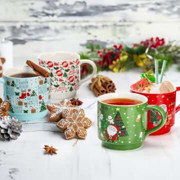 Elsjoy Set of 4 Christmas Stackable Coffee Mugs with Rack, 15 oz Christmas Coffee Mugs with Metal Stand Ceramic Mug Set, Xmas Holiday Cappuccino Cups for Cocoa, Latte, Americano