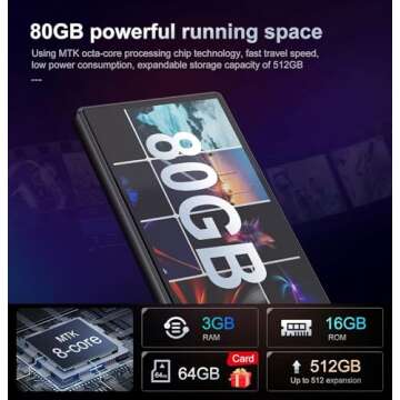 80GB MP3 Player with Spotify Kids, 4.7" MP3 & MP4 Player with Bluetooth and WiFi,Audible,Browser,Amazon Music,Portable Music Player Up to 512GB,2500mAh Rechargeable Battery,Touch Screen, Black