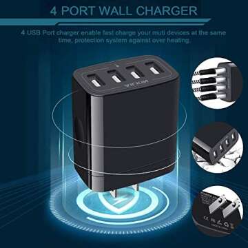 Wall Charger, USB Charger Adapter, AILKIN 4.8A 4Multi Port Fast Charging Station Power Base Block Plug Cube Brick for iPhone 15 14 SE 13 12 11Pro Max/XR/XS/8Plus, Samsung A14/A13/S23/S22 Kindle Plug
