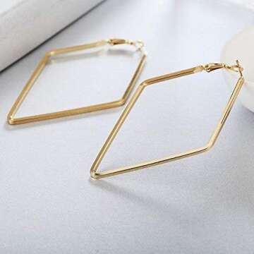 Yukhins Women Girls Stainless Steel Hoop Geometric Rhombus Square Hook Simple Fashion Earrings（RhombusGold）