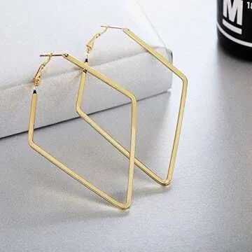 Yukhins Women Girls Stainless Steel Hoop Geometric Rhombus Square Hook Simple Fashion Earrings（RhombusGold）