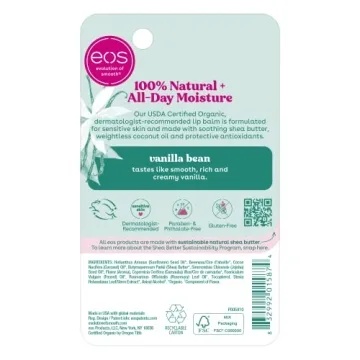 eos 100% Natural & Organic Lip Balm Stick- Vanilla Bean | Dermatologist Recommended for Sensitive Skin | All-Day Moisture Lip Care Products | 0.14 oz (Pack of 2)
