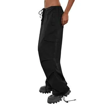 KMBANGI Low Waist Cargo Pants for Women Y2K Parachute Pants Wide Leg Loose Baggy Pants Trousers Streetwear(I-Black,S)