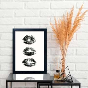 Black and White Kiss Lips Wall Art Framed Woman Makeup Room Wall Art Fashion Preppy Dorm Trendy Print Poster Funky Make Up Wall Art Girly Bathroom Decor