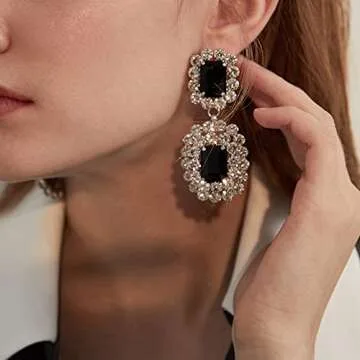 fxmimior Women Rhinestones Long Earrings - Elegant Silver
