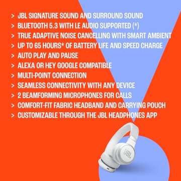 JBL Live 670NC - Wireless On-Ear Headphones with Adaptive Noise Cancelling with Smart Ambient, Up to 65H Battery Life with Speed Charge, Lightweight, Comfortable and Foldable Design (Black)