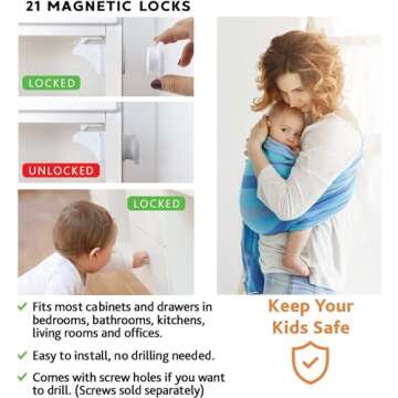 21 Magnetic Cabinet Locks 3 Keys, Child Safety 61-Piece Kit, Magnet Locks with New Upgraded Adhesive, Easy Installation, No-Drill Baby Proofing Locks to Childproof Cabinets & Drawers