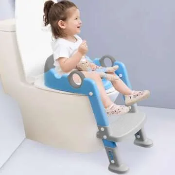 Potty Training Seat with Ladder for Toddler and Kids,Wiifo Sturdy Potty Ladder with Soft Cushion and Splash Guard for Toddler Boys and Girls,Foldable Toddler Toilet Training Seat(Grey Blue)