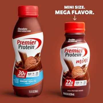 Premier Protein Shake MINIs Chocolate 22g Protein 120 Calories Pack of 12 & Premier Protein Shake Chocolate 30g Protein 24 Vitamins Minerals Nutrients Immune Health Pack of 12