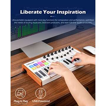 Vangoa Worlde MIDI Keyboard Controller 25 Key, Worlde Tuna Mini USB Portable Beat Maker Machine, Midi Keyboard with Drum Pads for Beginners, 8 Knobs, 8 Faders, Pedal Interface, White