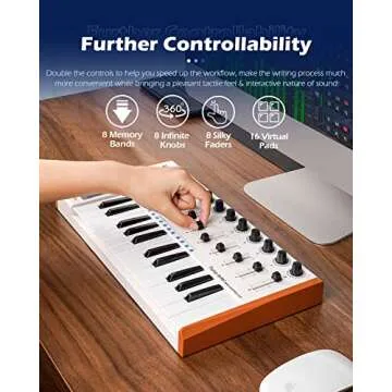 Vangoa Worlde MIDI Keyboard Controller 25 Key, Worlde Tuna Mini USB Portable Beat Maker Machine, Midi Keyboard with Drum Pads for Beginners, 8 Knobs, 8 Faders, Pedal Interface, White