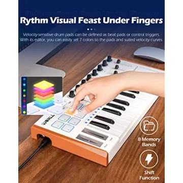 Vangoa Worlde MIDI Keyboard Controller 25 Key, Worlde Tuna Mini USB Portable Beat Maker Machine, Midi Keyboard with Drum Pads for Beginners, 8 Knobs, 8 Faders, Pedal Interface, White