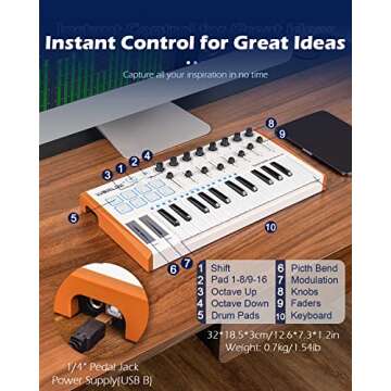 Vangoa Worlde MIDI Keyboard Controller 25 Key, Worlde Tuna Mini USB Portable Beat Maker Machine, Midi Keyboard with Drum Pads for Beginners, 8 Knobs, 8 Faders, Pedal Interface, White