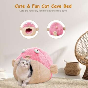 Lcybem Cozy Cat Bed Cave - Plush Pink Pufferfish Design