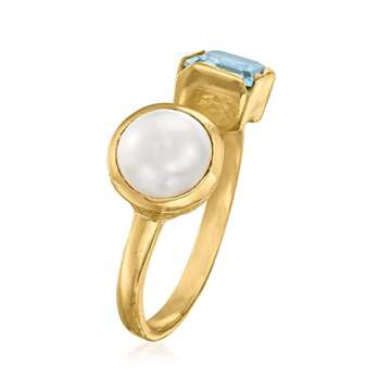 Ross-Simons 8-8.5mm Cultured Pearl and 1.70 Carat Sky Blue Topaz Toi Et Moi Ring in 18kt Gold Over Sterling