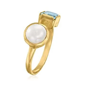 Stunning Cultured Pearl & Sky Blue Topaz Ring in Gold