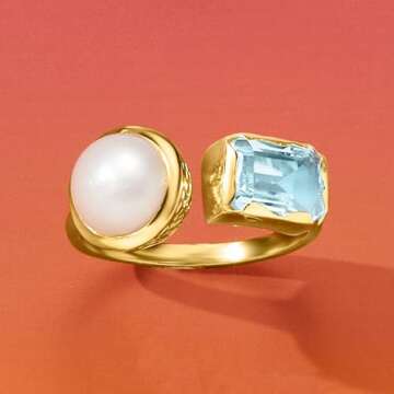Ross-Simons 8-8.5mm Cultured Pearl and 1.70 Carat Sky Blue Topaz Toi Et Moi Ring in 18kt Gold Over Sterling