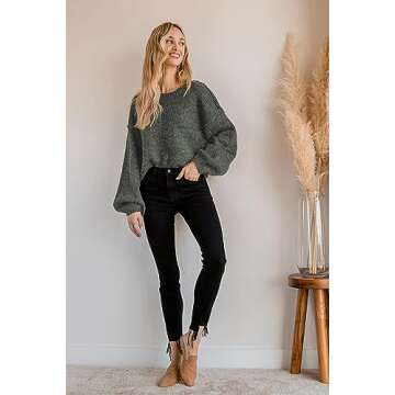 Jumppmile Women's Crewneck Cropped Sweater Long Sleeve Oversized Tops Fall Winter Crop Knit Sweater S Army Green