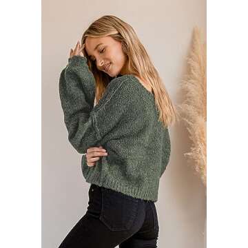 Jumppmile Women's Crewneck Cropped Sweater Long Sleeve Oversized Tops Fall Winter Crop Knit Sweater S Army Green