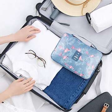 Blibly Hanging Travel Toiletry Bag Makeup Cosmetic Organizer Bag for Woman and Girls Bathroom and Shower Organizer Bag Waterproof (10.6x7.3x3.3 inch, Light Blue(Flamingo))