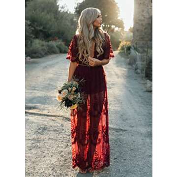 Eleter Women's Deep V-Neck Lace Romper Short Sleeve Long Dress(L,Wine Red)