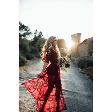 Eleter Women's Deep V-Neck Lace Romper Short Sleeve Long Dress(L,Wine Red)