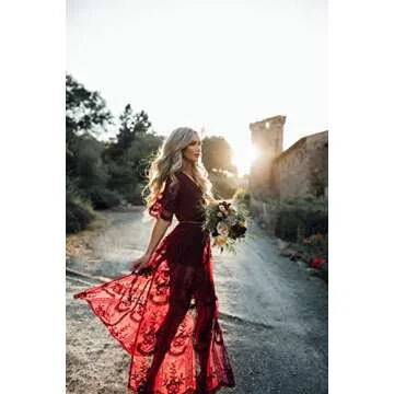 Eleter Women's Deep V-Neck Lace Romper Short Sleeve Long Dress(L,Wine Red)