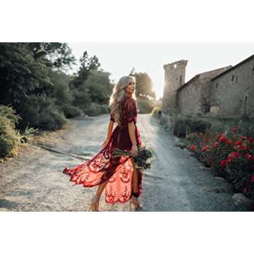 Eleter Women's Deep V-Neck Lace Romper Short Sleeve Long Dress(L,Wine Red)