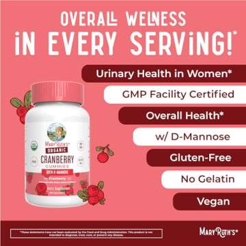 MaryRuth Organics Organic Cranberry Gummies | Cranberry Supplement | Urinary Tract Health for Women | with D Mannose | 500mg Cranberry | Traditional Use | USDA Organic | Vegan | Non GMO | 30 Servings